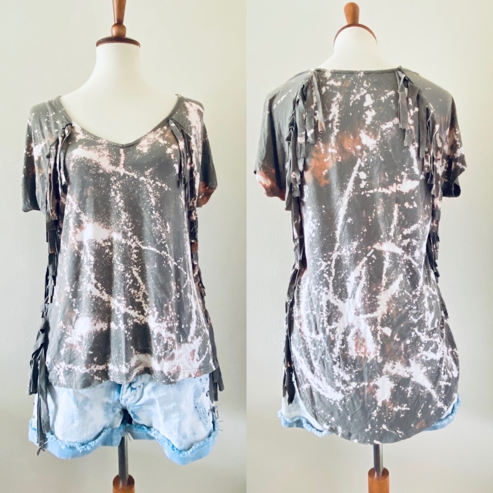 POL Green Custom Bleach Dye Fringe Short Sleeve